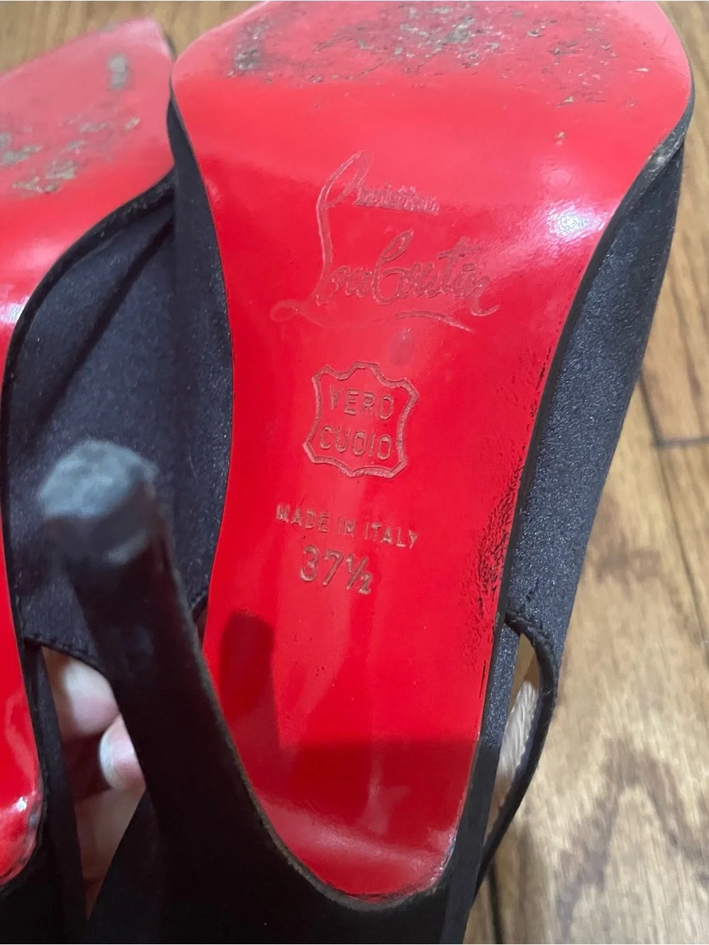 Christian Louboutin Black Satin Slingback Pointed Toe Ruffle Heels Women’s 37.5